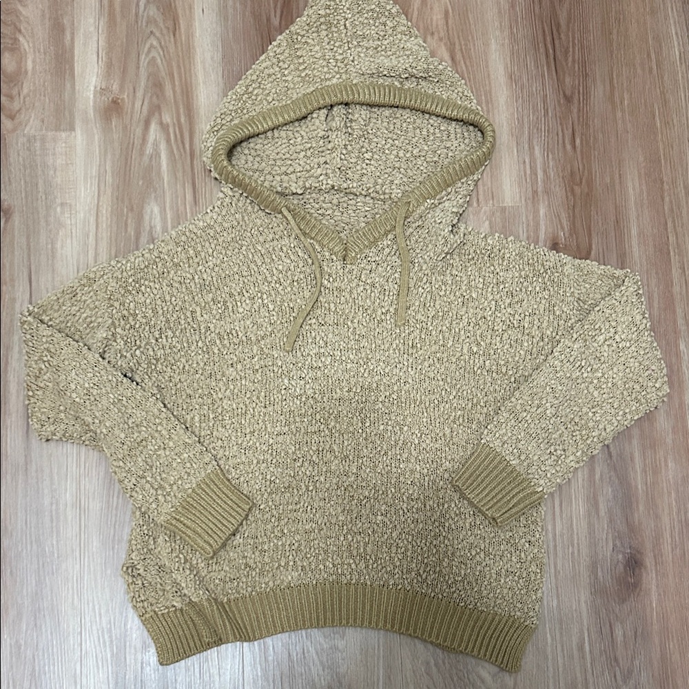 SHEIN Textured V-Neck Hooded Sweater - Tan